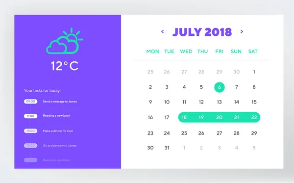Kalender dag planerare och kalender App Ui Ux Design. UI, Ux och Gui mallayouten för mobilappar och webbdesign. EPS-10 Stockillustration