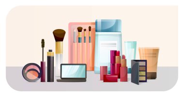 Makyaj aksesuarları ve kozmetik tüpleri ile soyunma masası