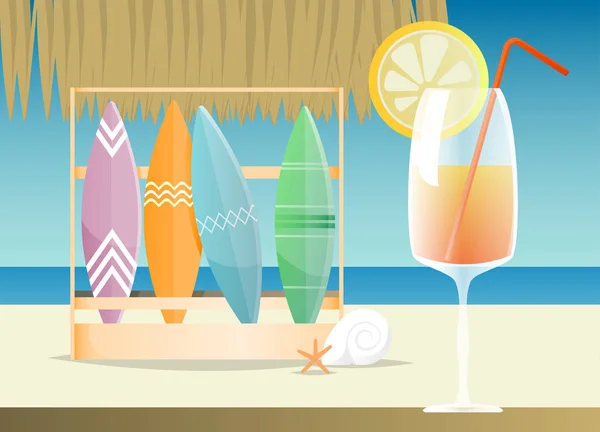 Vista Verano Playa Con Cóctel Brillante Tablas Surf — Vector de stock