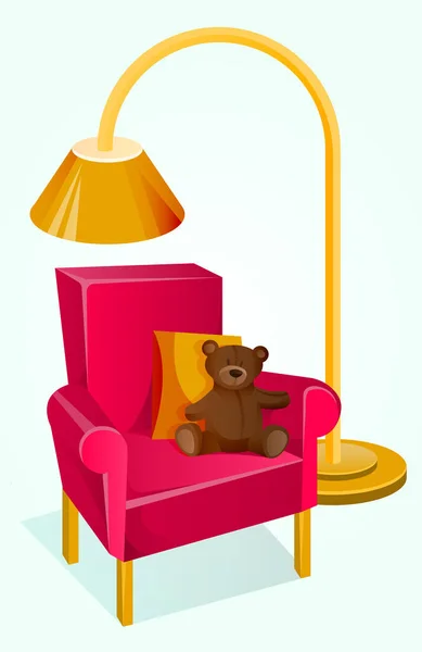 Λεπτομέρειες Για Εσωτερικό Ροζ Πολυθρόνα Αρκουδάκι Και Κίτρινο Μαξιλάρι Και — Διανυσματικό Αρχείο