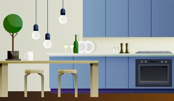 Interior Cocina Azul Con Mesa Lámparas — Vector de stock