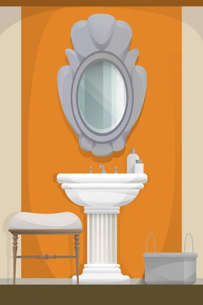 Baño Clásico Con Espejo Lavabo Taburete Color Naranja Cálido — Vector de stock