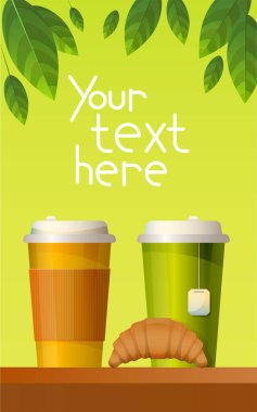 Çay bardakları, kruvasan, yeşil yaprakları ve metin için yer ile kireç arka plan üzerinde Parlak afiş