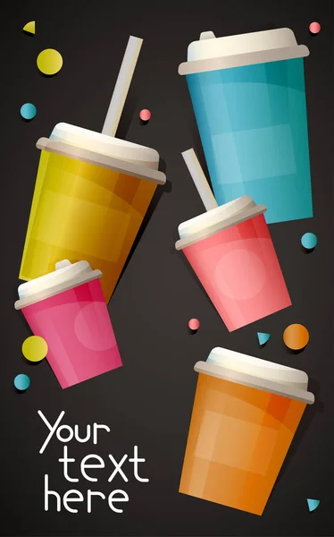 Banner Bright Plastic Cups Dark Background Place Your Text — Stock Vector