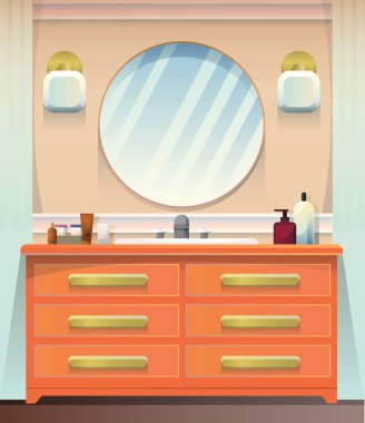 Üzerinde kozmetik tüpler ile ayna ve turuncu göğüs ile bej banyo Iç