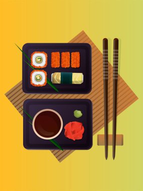 Suşi seti ile suşi illüstrasyon, yemek çubukları, soya, sarı arka plan üzerinde minimalist tarzı wasabi