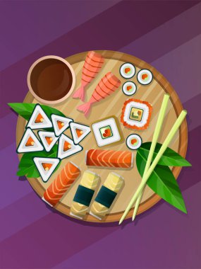 Suşi seti ile Suşi parlak illüstrasyon, mor arka plan üzerinde çubukları