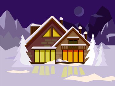 Kış dağ vadisinde chalet ev gece kar dolu