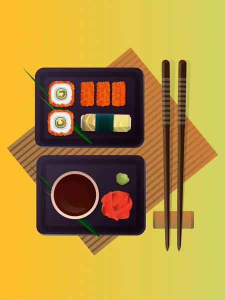 Ilustración Sushi Con Set Sushi Palillos Soja Wasabi Estilo Minimalista — Vector de stock