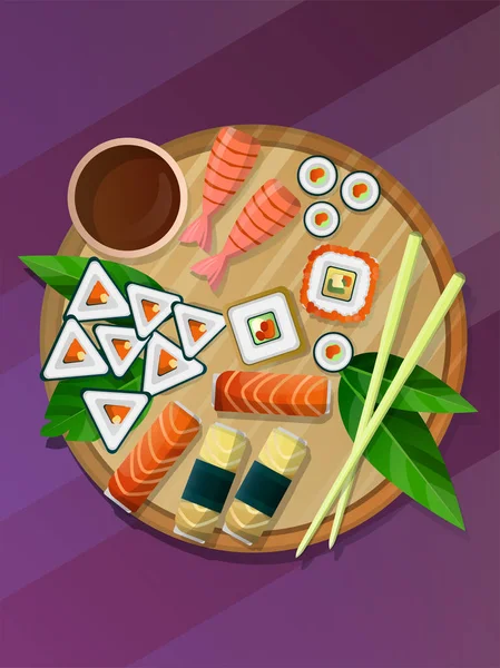 Sushi Ilustração Brilhante Com Conjunto Sushi Pauzinhos Fundo Violeta — Vetor de Stock