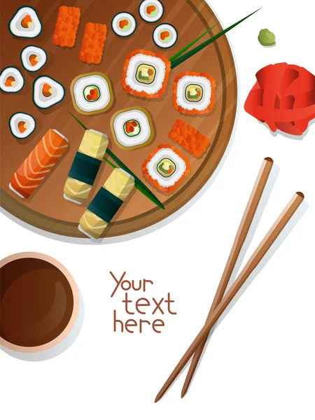 Fondo Con Sushi Tradicional Japonés Palillos Soja Lugar Para Texto — Vector de stock