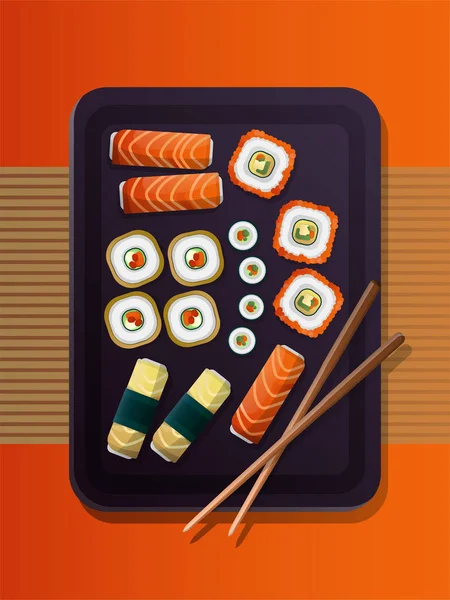 Ilustracja Sushi Zestawem Sushi Pałeczkami Minimalistycznym Stylu Jasnym Pomarańczowym Tle — Wektor stockowy