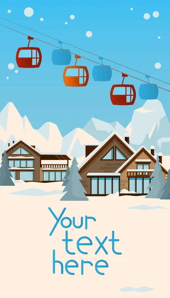 Winter Landscape Cosy Chalet Houses Cable Railway Skiers Snowborders Full — Stock Vector