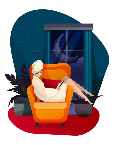 Sala Estar Con Chica Lectura Por Noche — Vector de stock