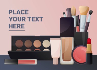 Makyaj ürünleri ile poster göz falı, dudak parlatıcısı, gül arkaplanı fırçası