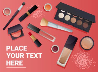 Pembe arka planda makyaj aksesuarları ve kozmetik araçları olan şablon afişi