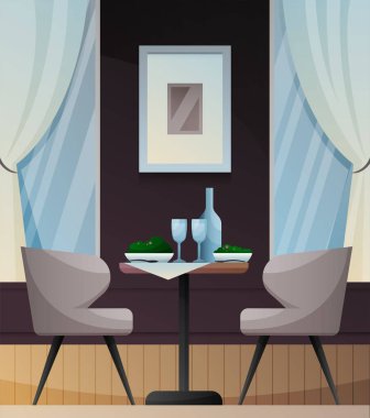 İki kişilik servis masası olan şık bir kafe. İki sandalye, büyük pencereler, perdeler.