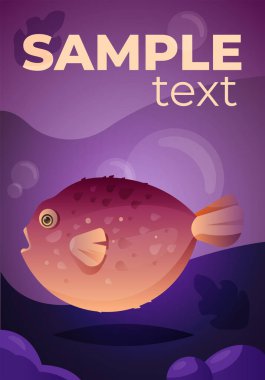 Kirpi balığı, sualtı manzarası ve metin için yer içeren vektör illüstrasyonlu poster