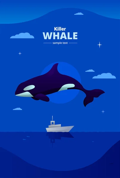 Manifesto Illustrato Vettoriale Con Grande Balena Assassina Mare Barca Pesca — Vettoriale Stock