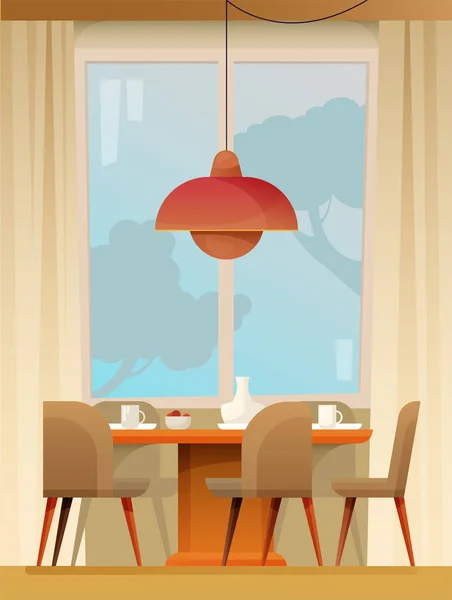 Interior Del Comedor Con Pared Beige Mesa Sillas Lámpara Encima — Vector de stock