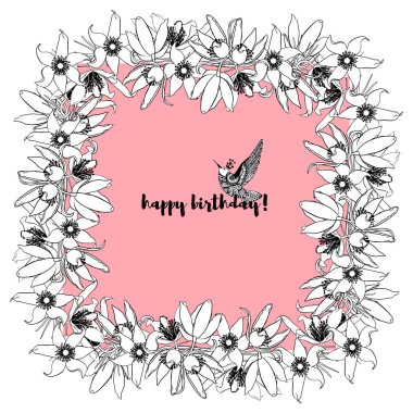 Elle çizilmiş vintage kare çerçeve çiçek. Pembe arka plan üzerinde beyaz izole.