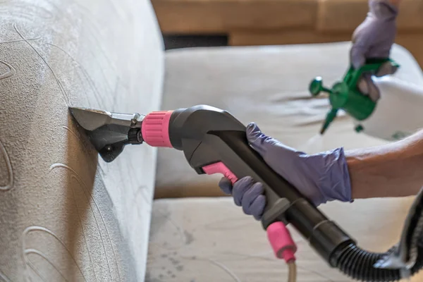 Closeup Upholstered Sofa Chemical Cleaning Professionally Extraction Method One Person — Stock Photo, Image