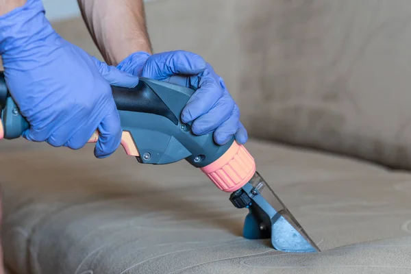 Closeup Upholstered Sofa Chemical Cleaning Professionally Extraction Method — Stock Photo, Image
