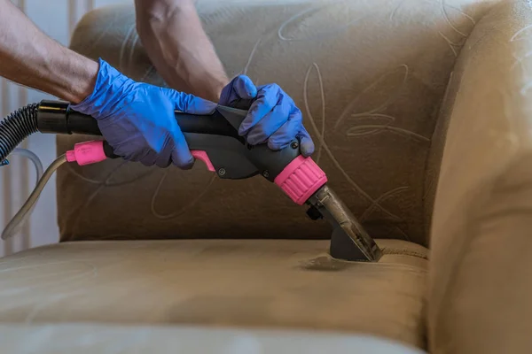 Closeup Upholstered Sofa Chemical Cleaning Professionally Extraction Method Man Holding — Stock Photo, Image