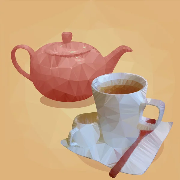 Low poly triangulated style red teapot and white cup of tea — Stock Vector