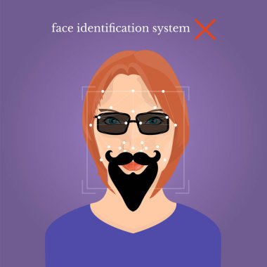 Kız yüz siyah sahte bıyık ve sakal, yüz tanıma sistemi metin mor zemin üzerine