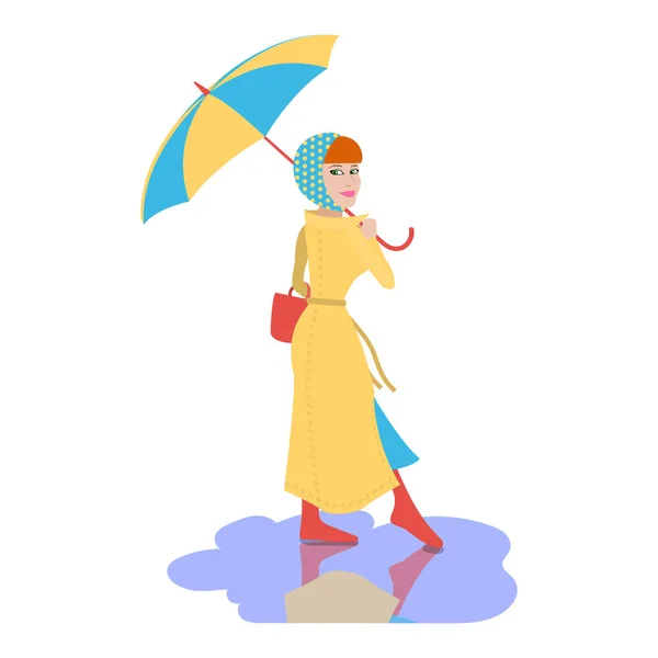 Young beautiful Woman with umbrella walks on rainy day — Stock Vector