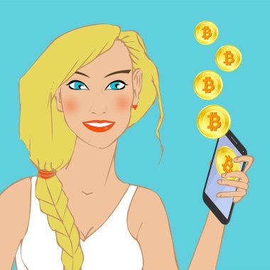 bitcoin işareti ile smartphone ekranda ve havada tutan mavi gözlü güzel mutlu gülümseyen sarışın kız