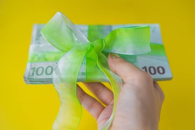 bir yüz euro banknot yeşil yay-düğüm, hediye ya da temettü kavramı, Avrupa Birliği para ile bir paket tutmak el