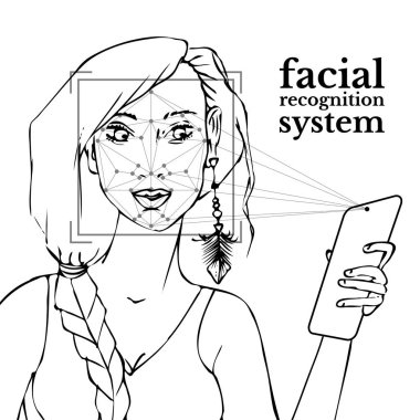 tarama yüzü beyaz arka plan üzerinde izole, yüz tanıma sistemi ile bir akıllı telefon tutan tek renkli siyah ve beyaz kız