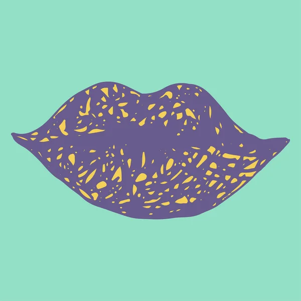 Handgezeichnetes Doodle violette Lippen isoliert auf blauem Hintergrund — Stockvektor