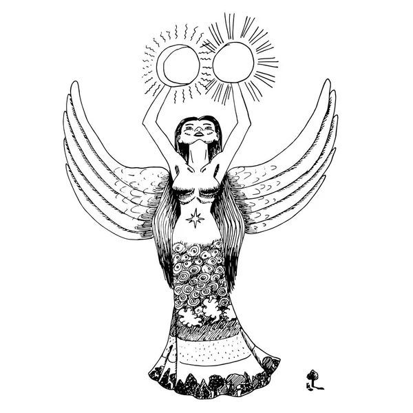 Preto e branco bela deusa com asas e vestido longo está segurando sol e mon —  Vetores de Stock