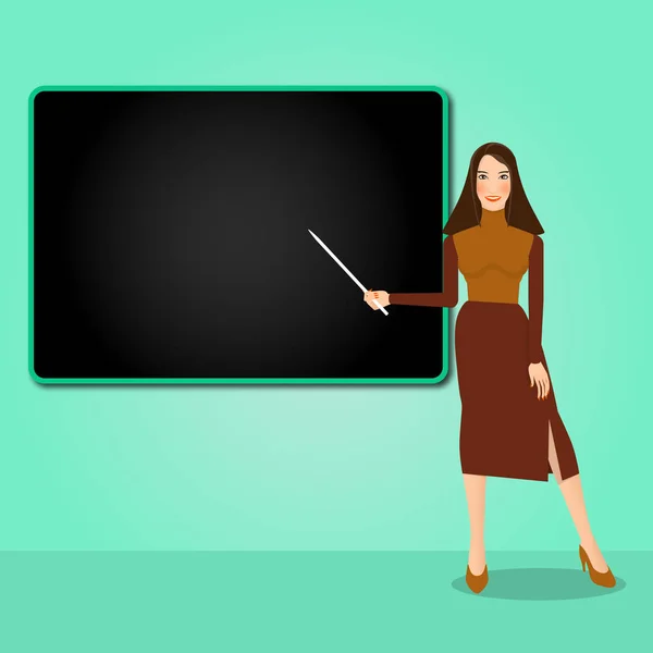 Escola ou professor universitário está apontando na placa preta de pé em uma sala de aula, mulher de negócios está fazendo apresentação —  Vetores de Stock