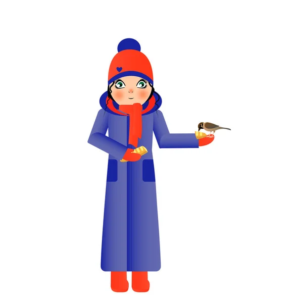 Девочка-подросток в теплой одежде кормит птицу хлебом — стоковый вектор