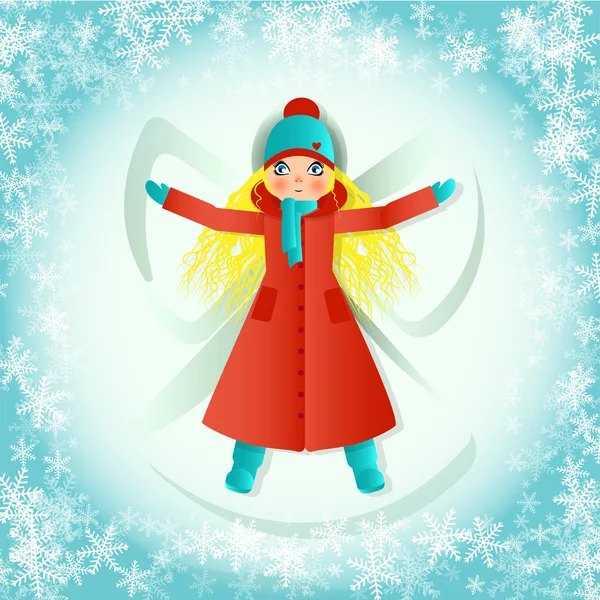 Blond teenager girl with long hair, in long red coat, is making snow angel lying in snow — Stock Vector
