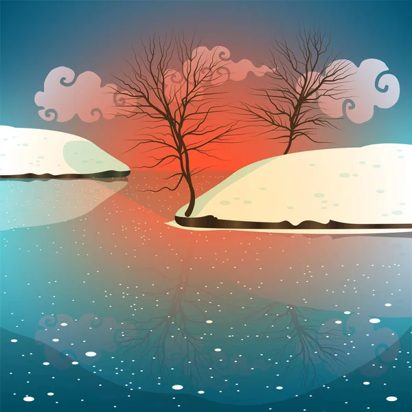 Paisagem de inverno com um céu de pôr do sol vermelho e um lago gelado — Vetor de Stock