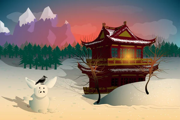 Зимний закат пейзаж с китайским традиционным домом — стоковый вектор