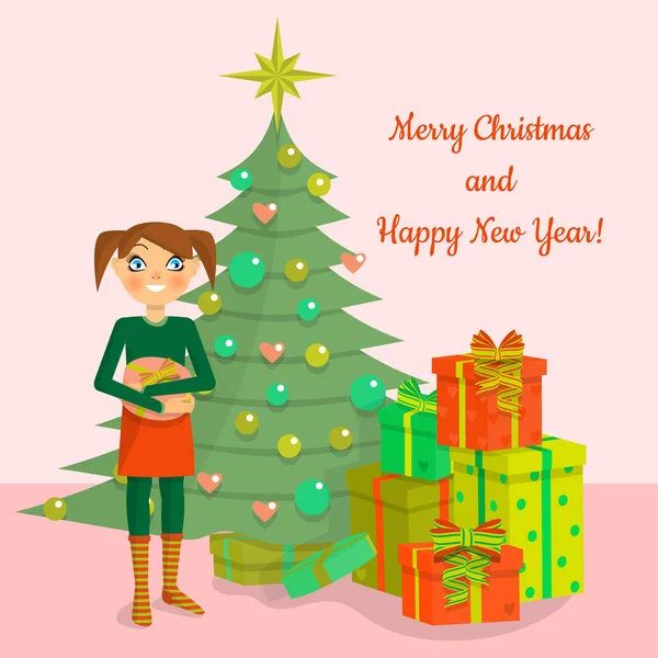Girl holds gift box,stands near decorated christmas tree and pile of colorful gift boxes, merry christmas and happy new year text — Stock Vector