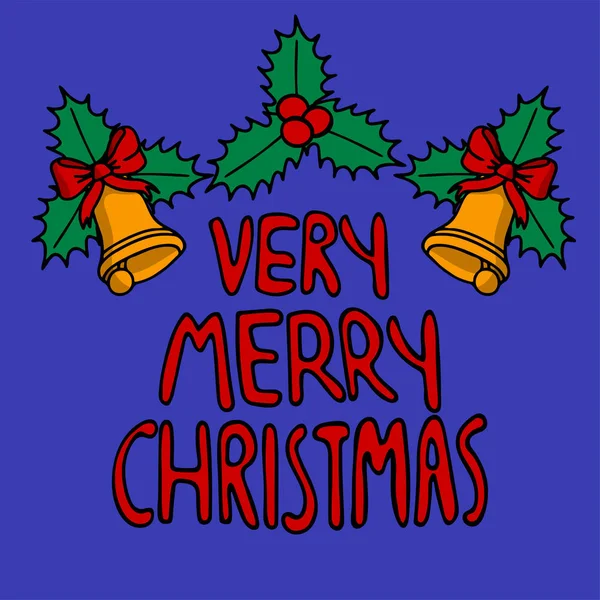非常にメリー クリスマスは 青の背景に分離されたフレーズのレタリング 黄色のハンドベルとヒイラギ葉クリスマスの装飾 — ストックベクタ