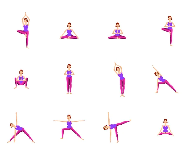 Set di una donna che fa diverse pose yoga — Vettoriale Stock