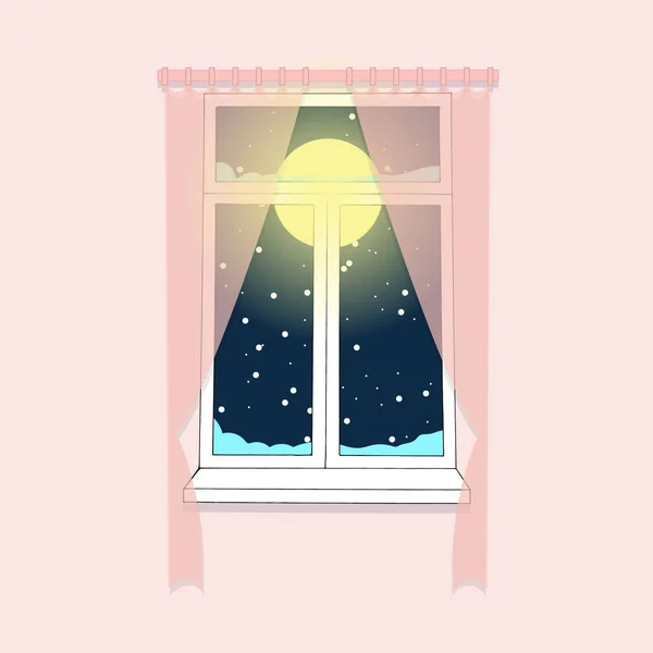 Acogedora ventana de la habitación de color rosa con cortinas de color rosa, luna llena y cielo azul oscuro detrás de cristal, nevando fuera — Vector de stock