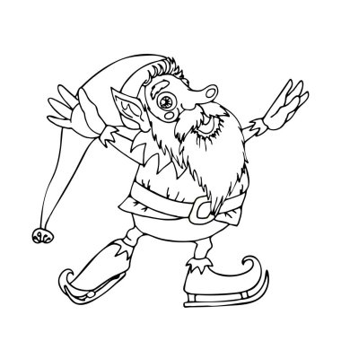 küçük Noel elf beyaz sakalı ile paten, izole üzerinde beyaz arka plan