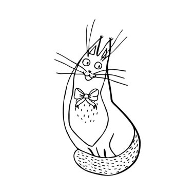 yay-düğüm, elle çizilmiş karakter çizgi film tarzı ile mutlu oturma kedi