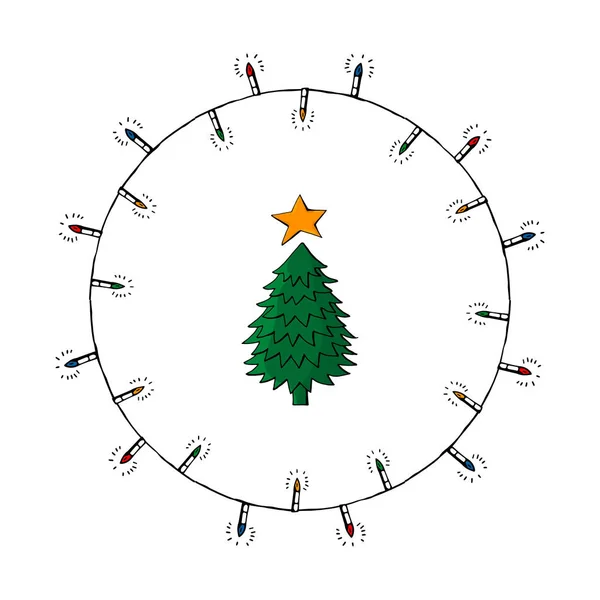 Couronne de lumières de Noël avec un pin à l'intérieur — Image vectorielle