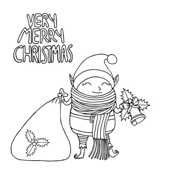 Negro y blanco pCute divertido personaje de dibujos animados elfo de Navidad con bufanda larga celebración bolsa de regalo y campana — Vector de stock