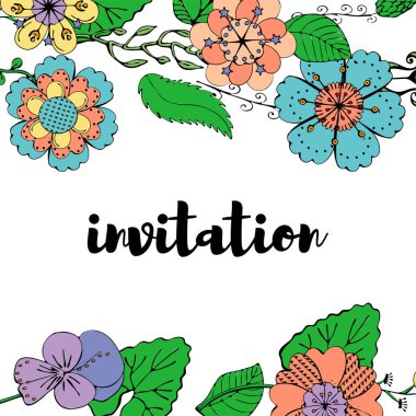 Beyaz arka plan ile çiçek kenarlıklı renkli davetiye